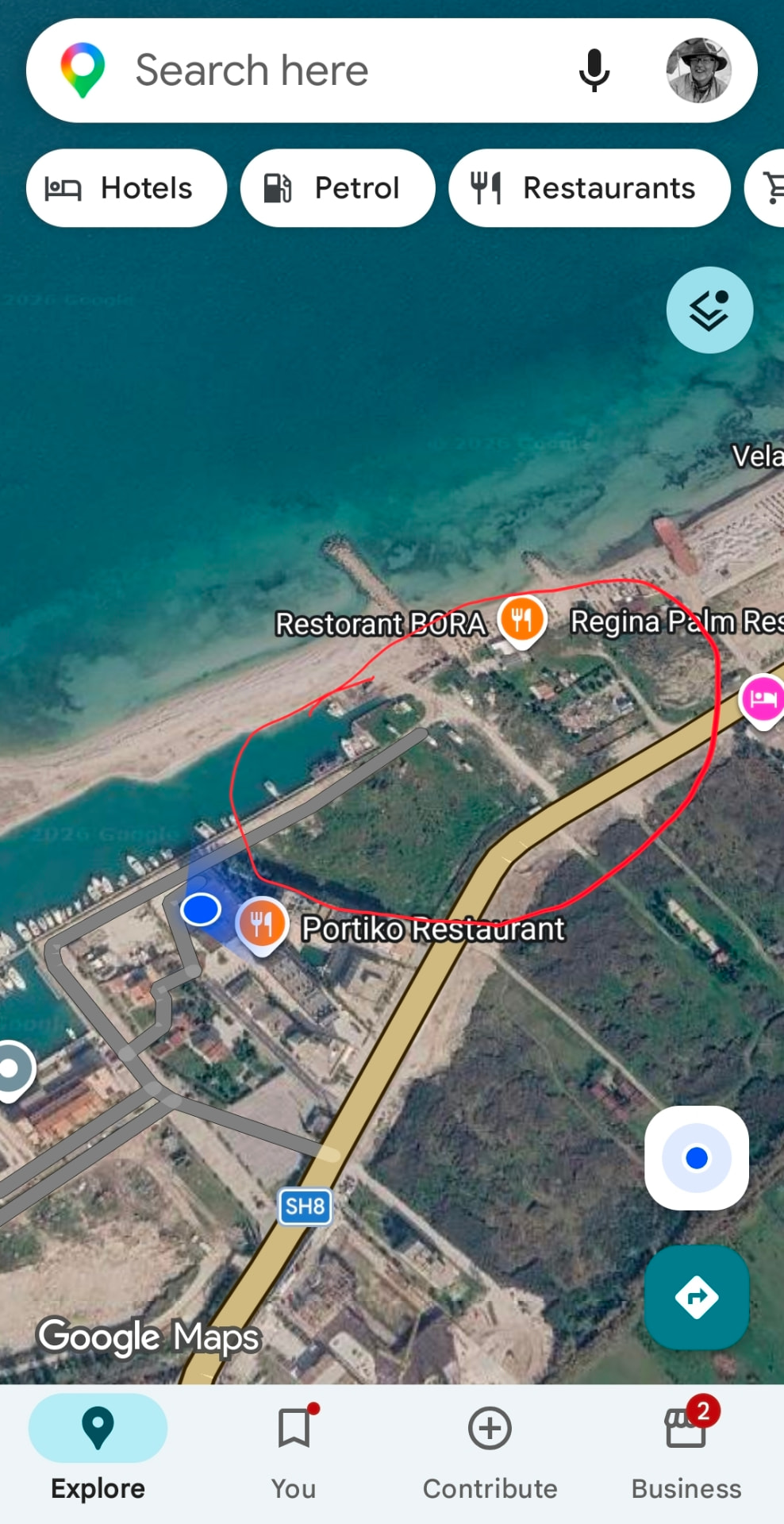 Satellite map northeast of Marina Orikum with the indicative area circled in red