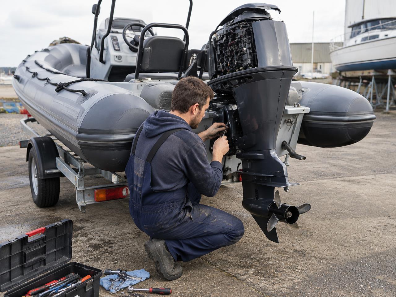 A marine technician servicing a RIB outboard